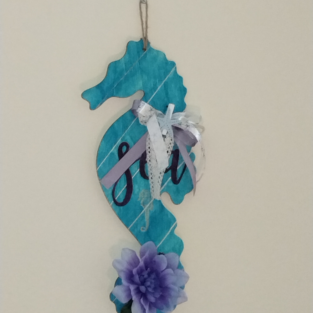 Sea horse art - wood hanging art - fake flowers decor 